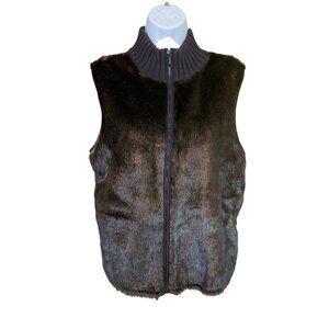 Emma James Faux Fur Vest L Black Brown Zip Up Sweater Knit Collar Y2K Cozy Goth